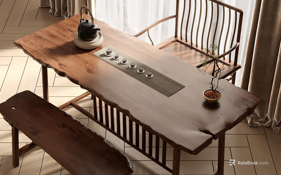 Chinese Style Solid Wood Tea Table and Chairs with Embedded Tea Tray and Natural Grain 3d model