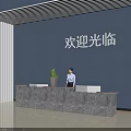 Modern Reception Desk 3D Model With Blue Wall Welcome Text And Receptionist