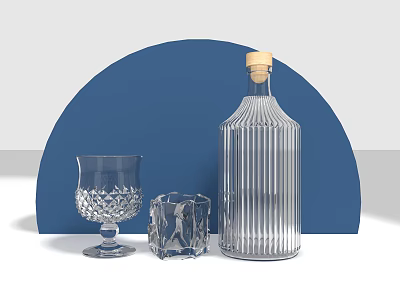 Carved Glass Goblet And Square Cup With Striped Bottle On Blue Semicircle Background 3d model
