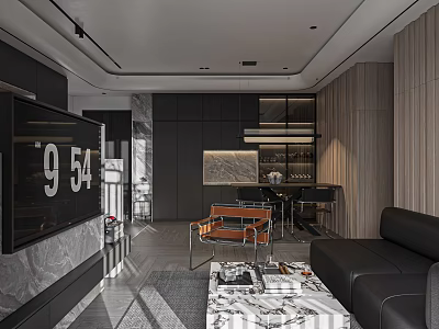 Modern Minimalist Dark Tone Open Living And Dining Room Interior With Premium Marble Furnishings 3d model