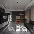 Modern Minimalist Dark Tone Open Living And Dining Room Interior With Premium Marble Furnishings
