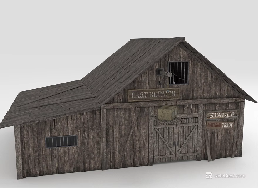 Rustic Wooden Stable Building With Shingled Roof Carl The Handy Signage And Windows 3d model 
