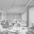 Elegant Modern Restaurant Interior With Curved Ceiling Marble Tables Comfortable Chairs And Pendant Lights