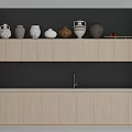 Light Wood Display Cabinet with Black Background and Various Vases on Two Tier Shelves
