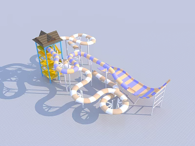 Kids Playground Equipment with Blue and White Striped Slides Circular Rings and Small House Top 3d model