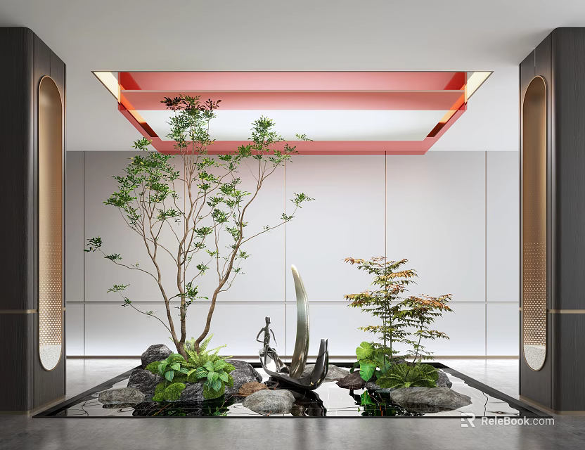 Modern Indoor Landscape with Trees Water Stones Red Ceiling Decor and Dark Framed Circular Doorways 3d model 