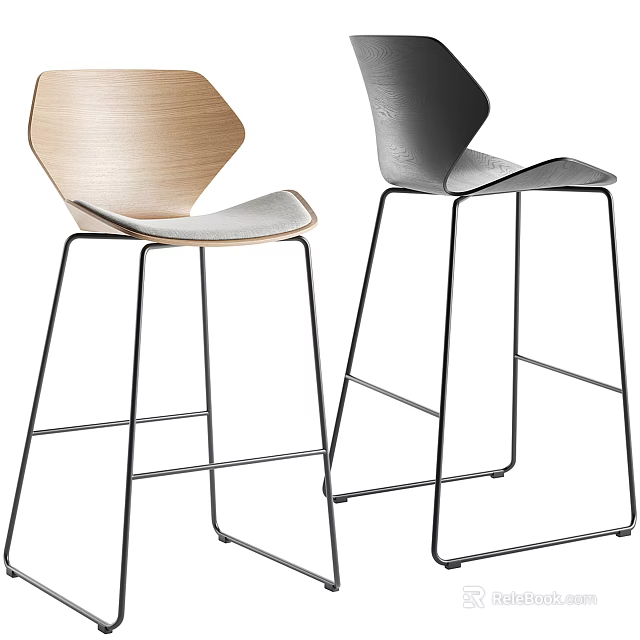 Modern Minimalist Bar Stools With Wooden Backrest Metal Frame And Two Tone Design 3d model 