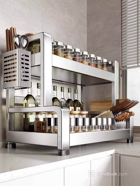 Multi tiered Stainless Steel Kitchen Shelf With Spice Jars Olive Oil Bottles And Cooking Utensils 3d model 