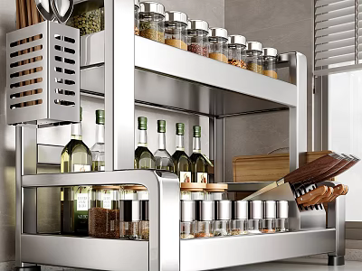 Multi tiered Stainless Steel Kitchen Shelf With Spice Jars Olive Oil Bottles And Cooking Utensils 3d model