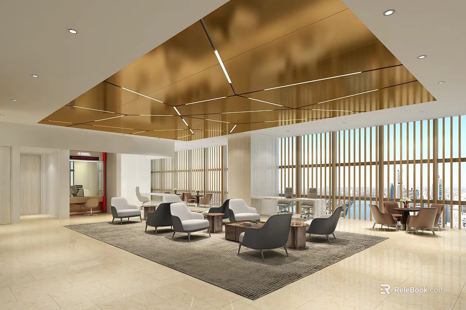 Modern Lounge Area With Gold Ceiling Floor To Ceiling Windows Sofas Coffee Tables And Comfortable Rug 3d model 