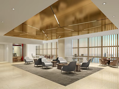 Modern Lounge Area With Gold Ceiling Floor To Ceiling Windows Sofas Coffee Tables And Comfortable Rug 3d model