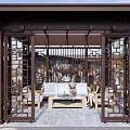 Traditional Chinese Outdoor Pavilion With Carved Wooden Panels Sofa Coffee Table And Green Plants