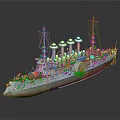 Old Warship Model With Three White Funnels Brown Green Hull Detailed Deck And Masts