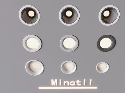 Nine Various Downlights And Spotlights Arranged In Three Rows And Three Columns Gray Background Minotli 3d model