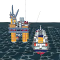 Large Red and Blue Cargo Ship Near Offshore Drilling Platform With Crane and Helicopter