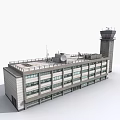 Airport Control Tower And Terminal Building With Gray Exterior And Roof Equipment