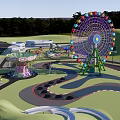 Fun Children's Play Area With Ferris Wheel Carousel Green Space And Modern Buildings