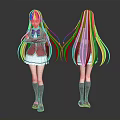 Anime Character 3D Model Front Back View Red Coat White Skirt Long Hair Gray Socks