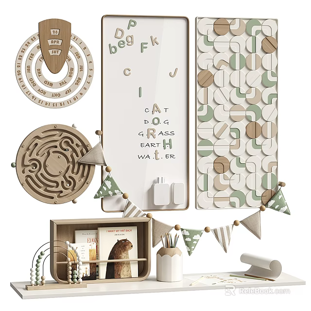 Wooden Wall Decor With Circular Maze Alphabet Board Geometric Pattern And Triangle Bunting 3d model 