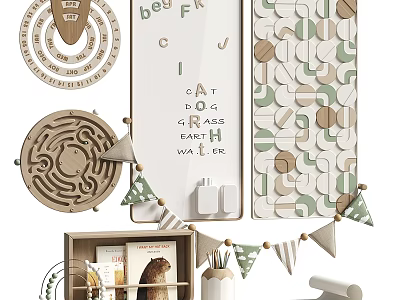 Wooden Wall Decor With Circular Maze Alphabet Board Geometric Pattern And Triangle Bunting 3d model