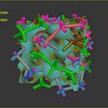 3D Geometric Cube Structure With Blue Green Yellow Interconnected Molecular Strands