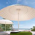 Outdoor White Sunshade on Terrace With Sea View Green Plants Lounge Chairs and Comfortable Seating