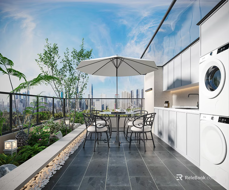 Luxurious Villa Balcony With Outdoor Seating Umbrella Greenery Laundry Area And City View 3d model 