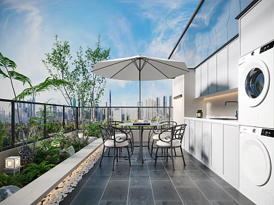 Luxurious Villa Balcony With Outdoor Seating Umbrella Greenery Laundry Area And City View 3d model