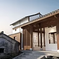 Traditional Chinese Architecture Featuring Tile Roof Wooden Structure Old Building Stone Steps and White Decorations