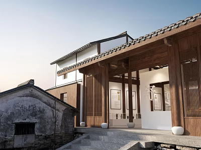 Traditional Chinese Architecture Featuring Tile Roof Wooden Structure Old Building Stone Steps and White Decorations 3d model
