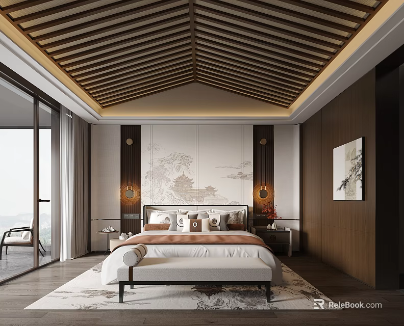 Modern Chinese Bedroom With Wooden Sloped Ceiling Floor to Ceiling Windows and Decorative Headboard Painting 3d model 