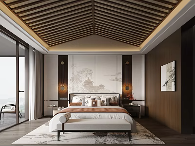 Modern Chinese Bedroom With Wooden Sloped Ceiling Floor to Ceiling Windows and Decorative Headboard Painting 3d model