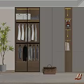 Modern Wardrobe Interior With Glass Doors Hanging Clothes Open Shelves Handbag And Shoes