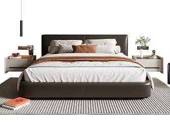 Modern Italian Double Bed Leather Double Bedside Cabinet Chandelier Carpet 3d model
