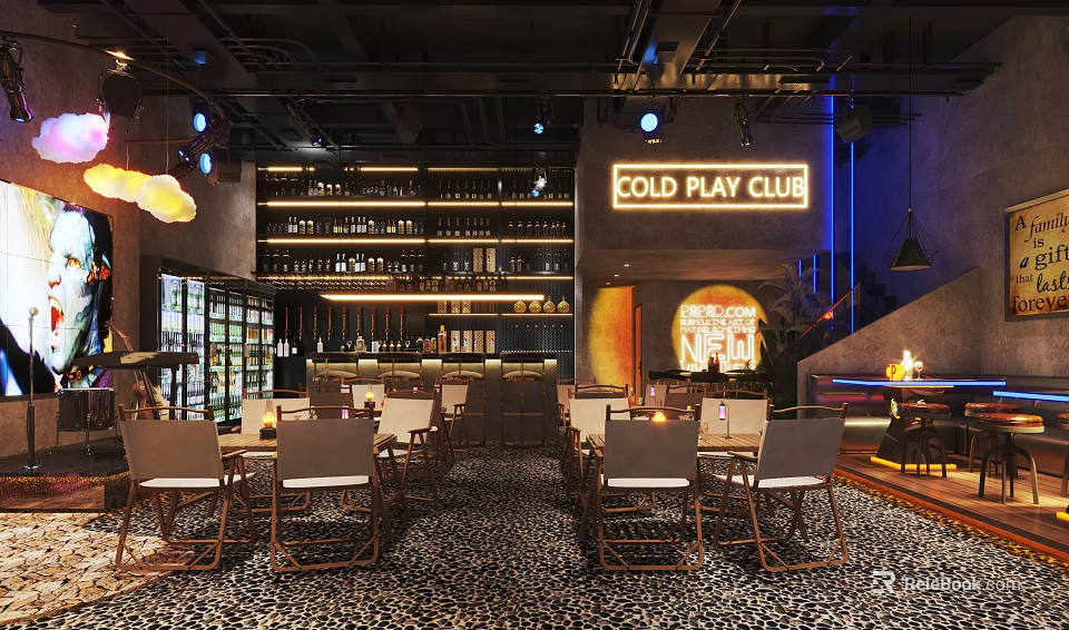 Industrial Style Bar Interior with Wine Racks Neon Sign Tables Chairs and Warm Lighting 3d model 