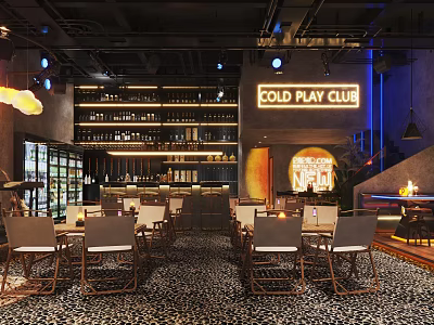 Industrial Style Bar Interior with Wine Racks Neon Sign Tables Chairs and Warm Lighting 3d model