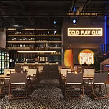 Industrial Style Bar Interior with Wine Racks Neon Sign Tables Chairs and Warm Lighting
