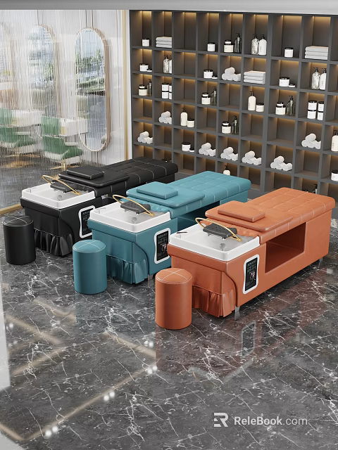 Modern Beauty Salon Interior With Colorful Beauty Beds And Matching Stools 3d model 