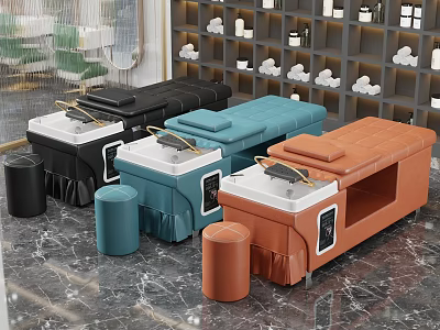 Modern Beauty Salon Interior With Colorful Beauty Beds And Matching Stools 3d model