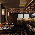 Traditional Japanese Restaurant Interior With Wooden Decor Hanging Lanterns And Wave Counter