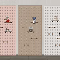 Colorful Three Tone Pegboard Wall Decor with Small Dolls and Wooden Shelves