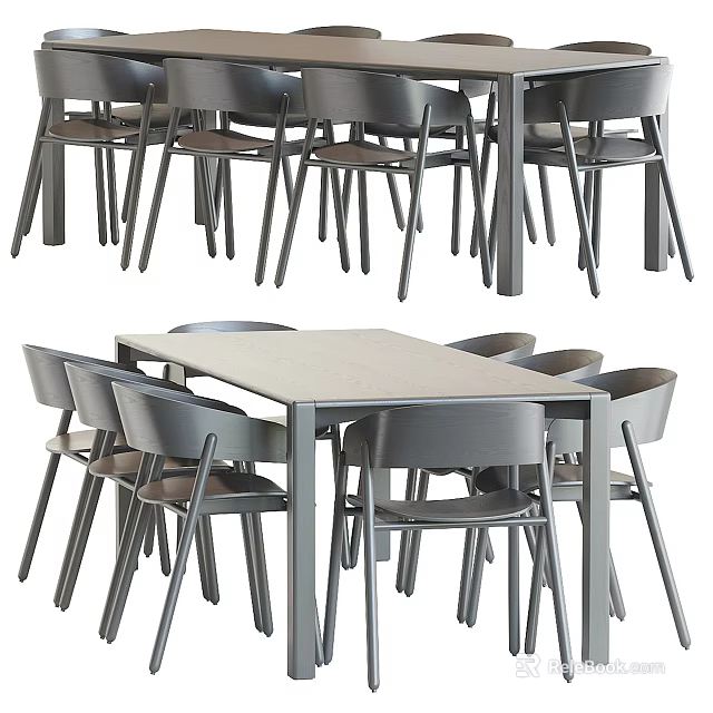 Modern Minimalist Dining Table Set With Six Gray Chairs And Wooden Tabletop 3d model