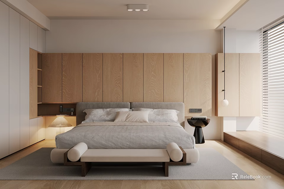 Minimalist Modern Bedroom Interior With Wooden Wardrobes Gray Bed And Large Window 3d model 