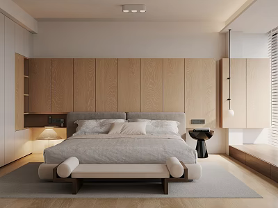 Minimalist Modern Bedroom Interior With Wooden Wardrobes Gray Bed And Large Window 3d model