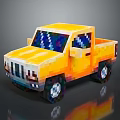 Vibrant Pixel Art Yellow Truck 3D Rendered With Shiny Wheels And Reflective Surface
