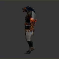 Fierce Mythical Game Character With Wolf Head Flaming Arms And Striped Pants
