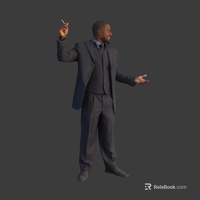 Man in striped suit posing with raised hand and outstretched arm on grey background 3d model 
