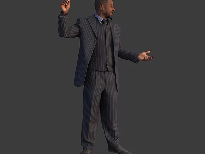 Man in striped suit posing with raised hand and outstretched arm on grey background 3d model