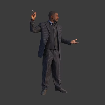 Man in striped suit posing with raised hand and outstretched arm on grey background 3d model