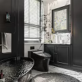 Elegant Modern Bathroom Interior With Black Bathtub Marble Walls Toilet And Green Plants